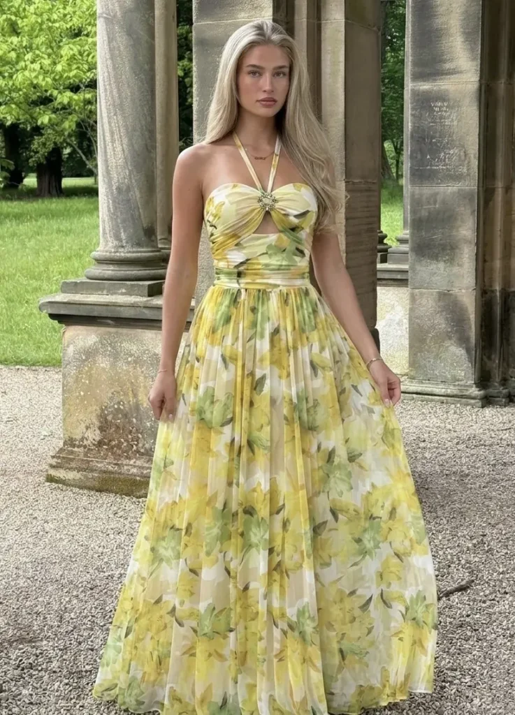 Lorenza sárga virágos muszlin maxi ruha